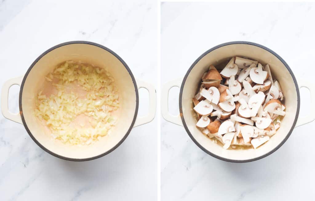 Top view of a white pot full of diced onion and diced mushrooms.