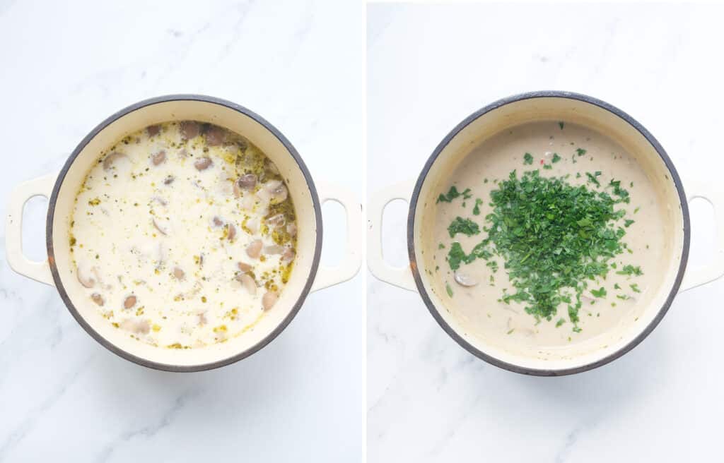 Top view of white pot full of soup with cream and chopped parsley. Everything over a white background.