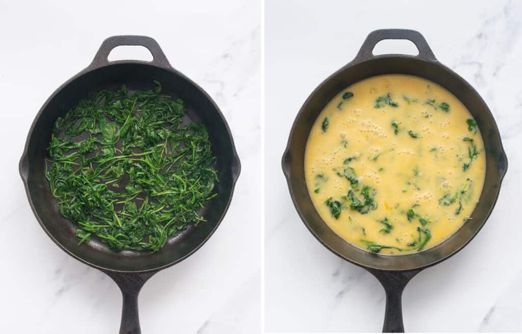 Two images showing a black skillet with arugula before and after adding the egg mixture.