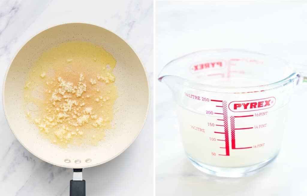 Two images showing a skillet with melted butter and minced garlic and a glass jug containing pasta water.