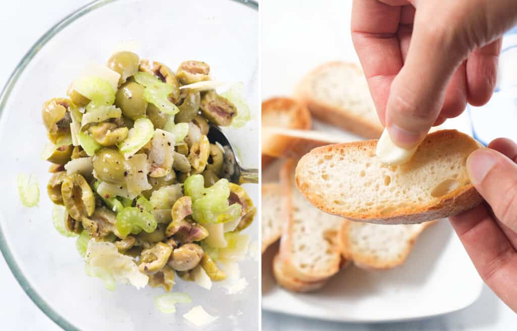 Two images showing a juicy olive mixture and a hand rubbing a garlic clove over a slice of crusty bread.