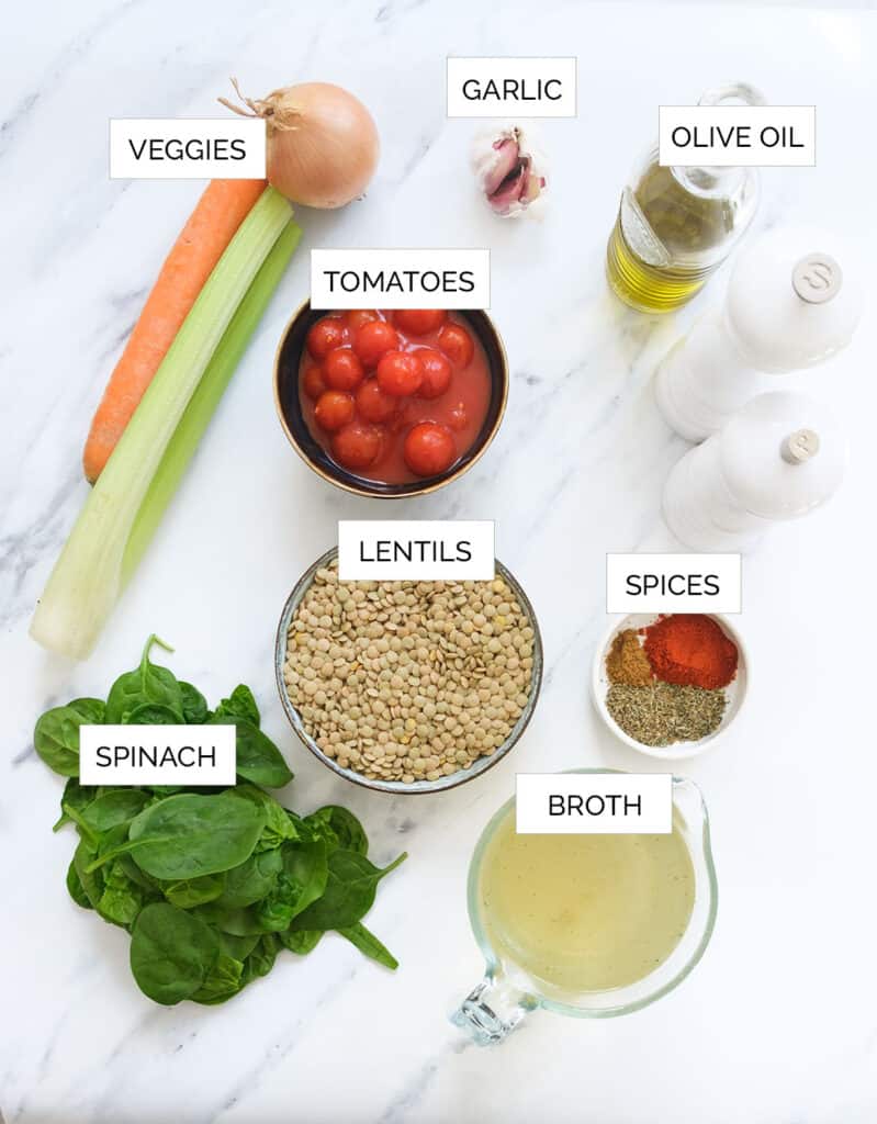 Top view of the ingredients to make this vegan lentil soup over a white background.