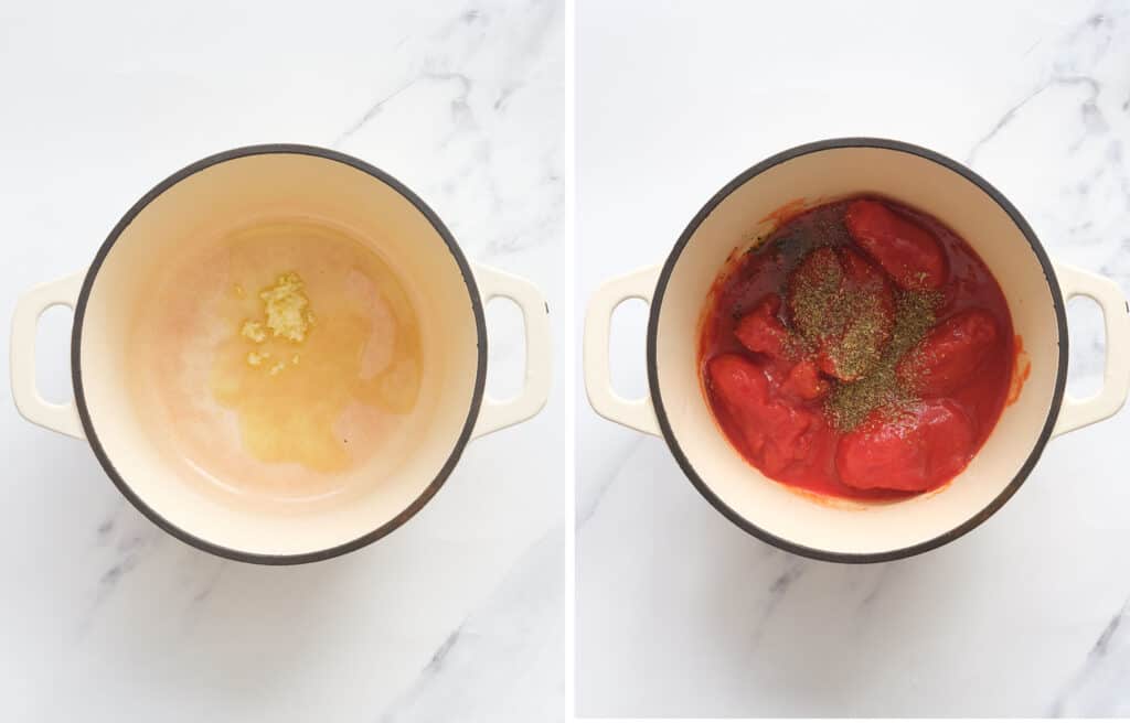 Two images showing a Dutch oven with garlic and olive oil and then with the canned tomatoes and herbs.