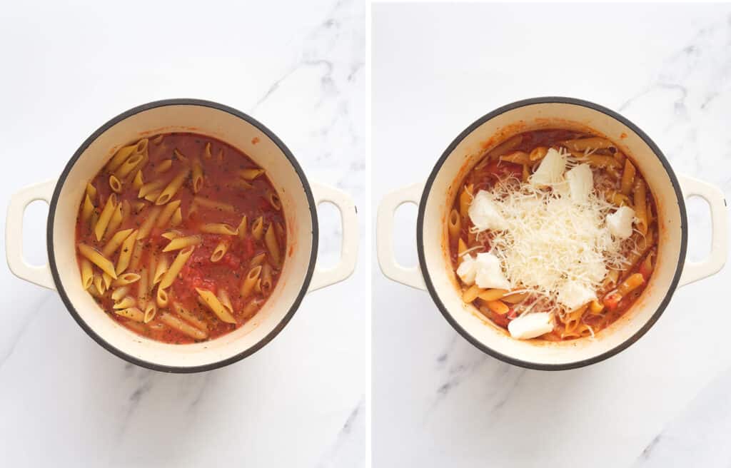 Two images showing a Dutch oven with penne pasta and tomato sauce and then with the addition of mozzarella and parmesan.
