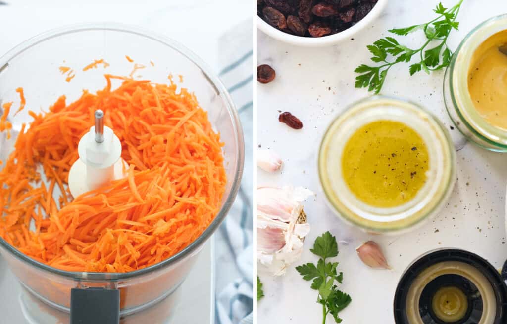 Two images showing a food processor full of grated carrot and the ingredient to make the salad dressing.