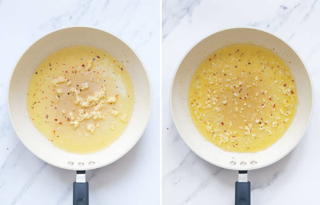 Top view of a white skillet containing lemon garlic butter sauce.