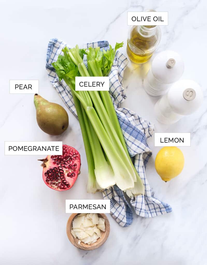 The ingredients to make this celery salad are arranged over a white background.