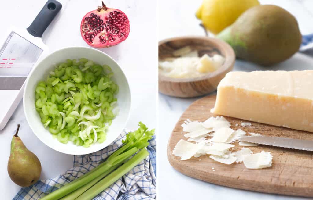 Two images showing how to slice celery and parmesan cheese.