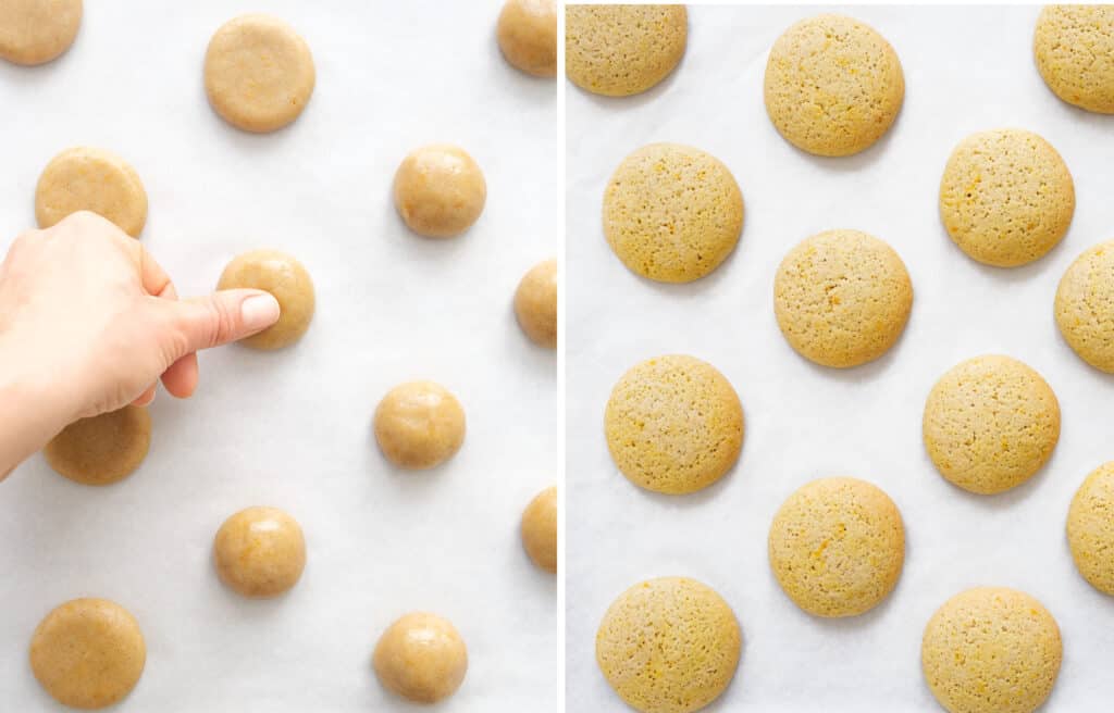 Top view of a white baking sheet with the orange cookies before and after baking.