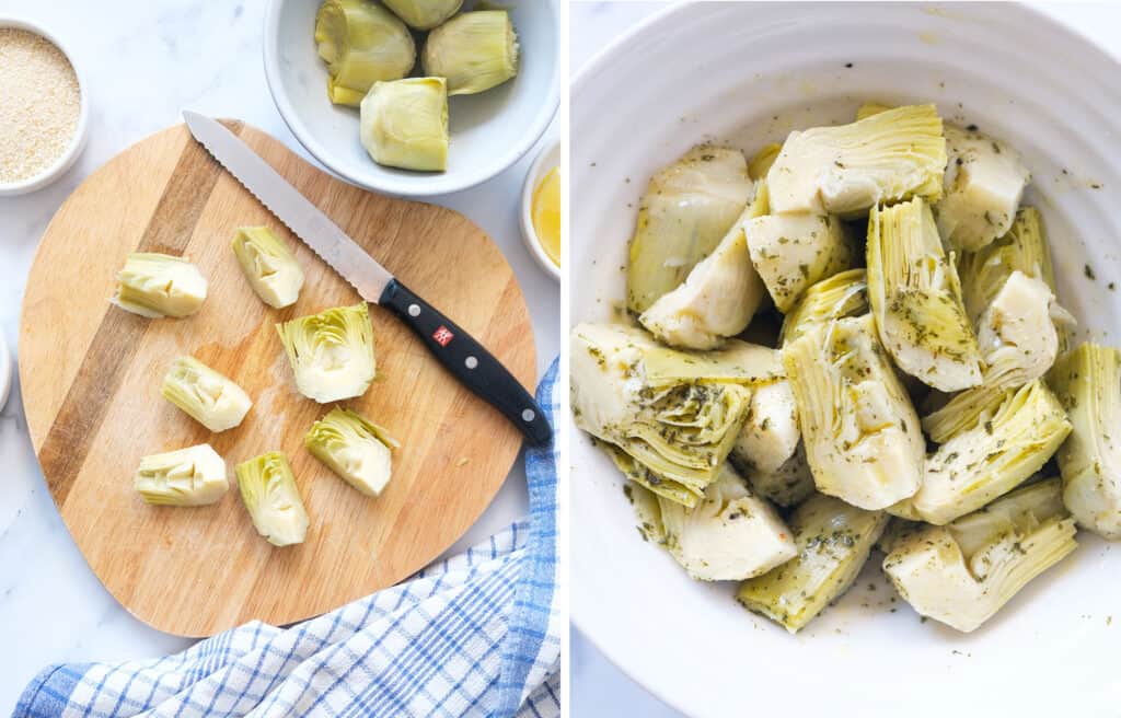 Two images showing how to cut and marinade the artichoke hearts.