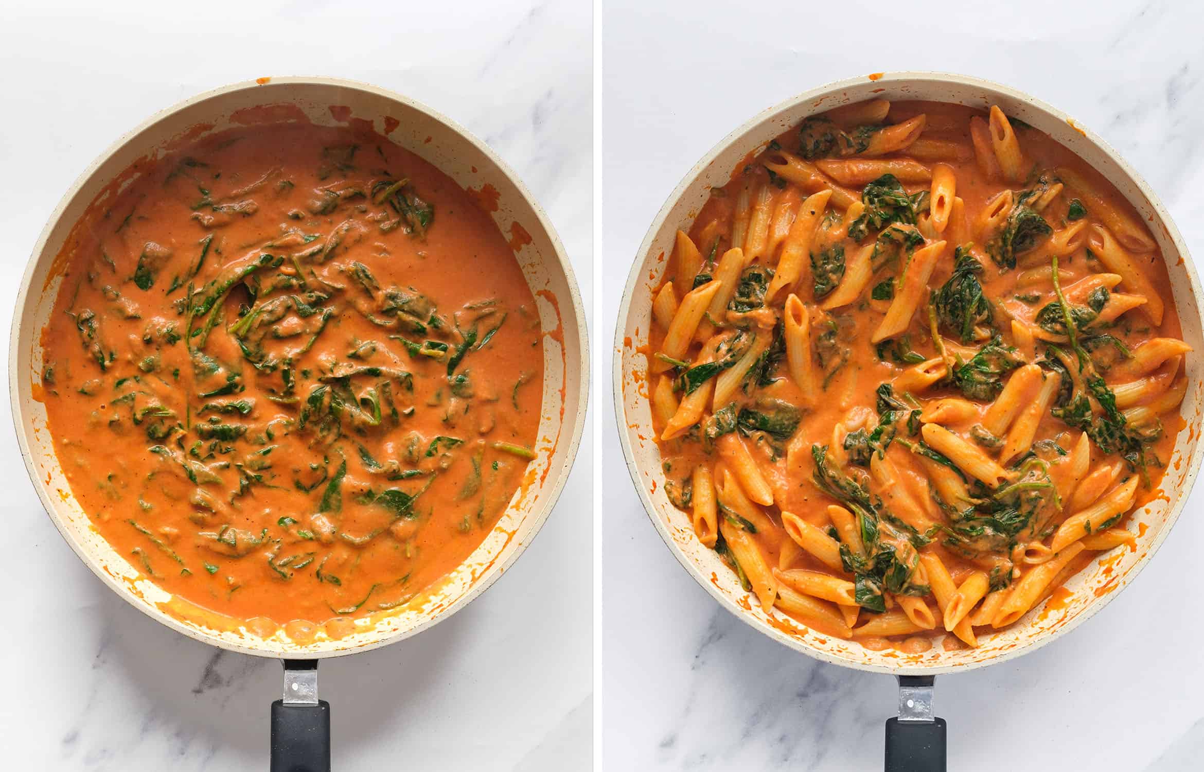 Top view of a skillet full of creamy spinach tomato sauce and penne pasta.