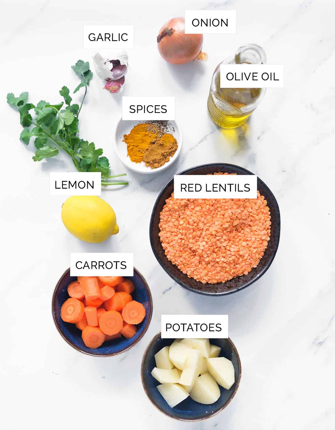Top view of the ingredients to make this Lebanese lentil soup.