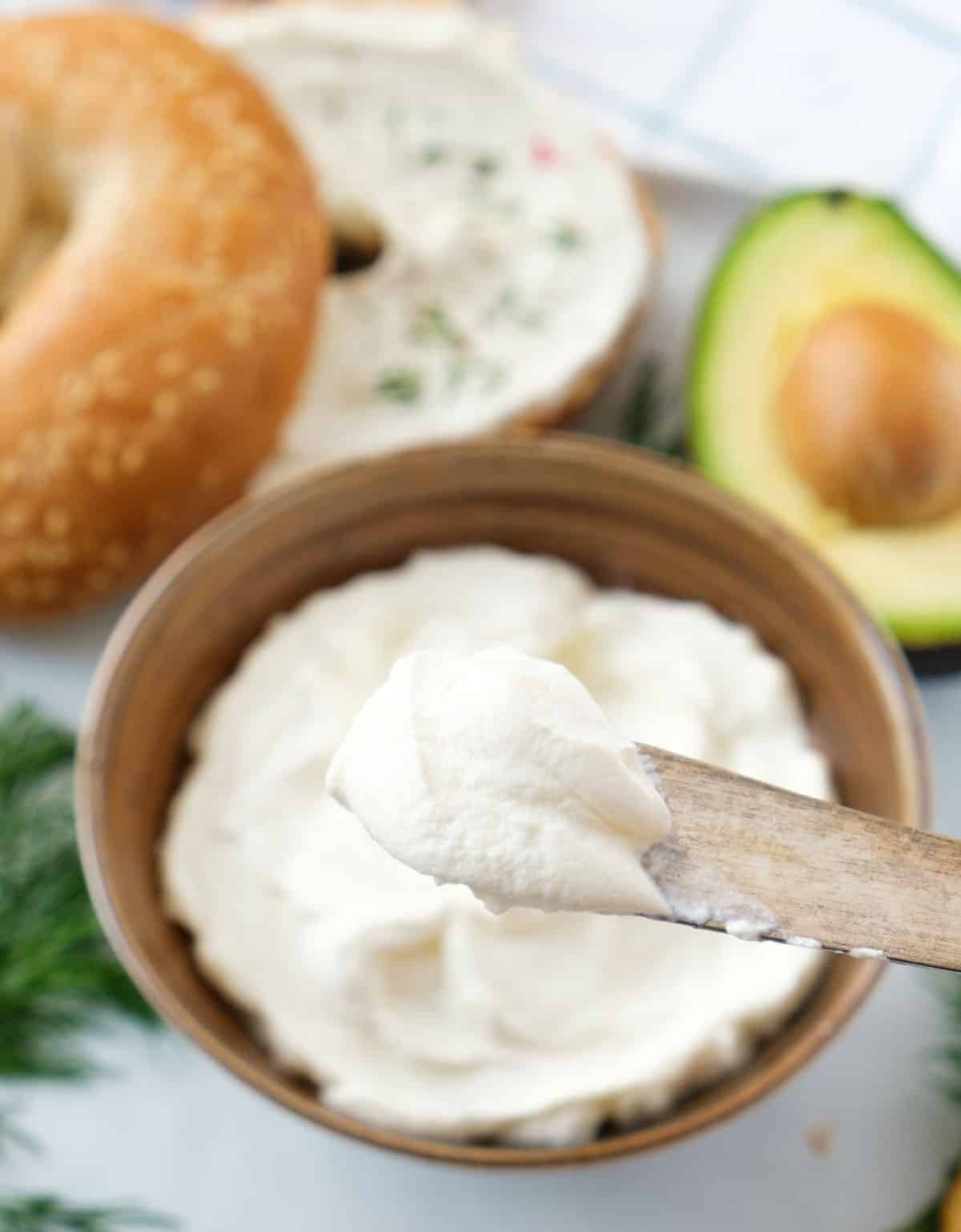 Close-up of some fluffy whipped cream cheese.