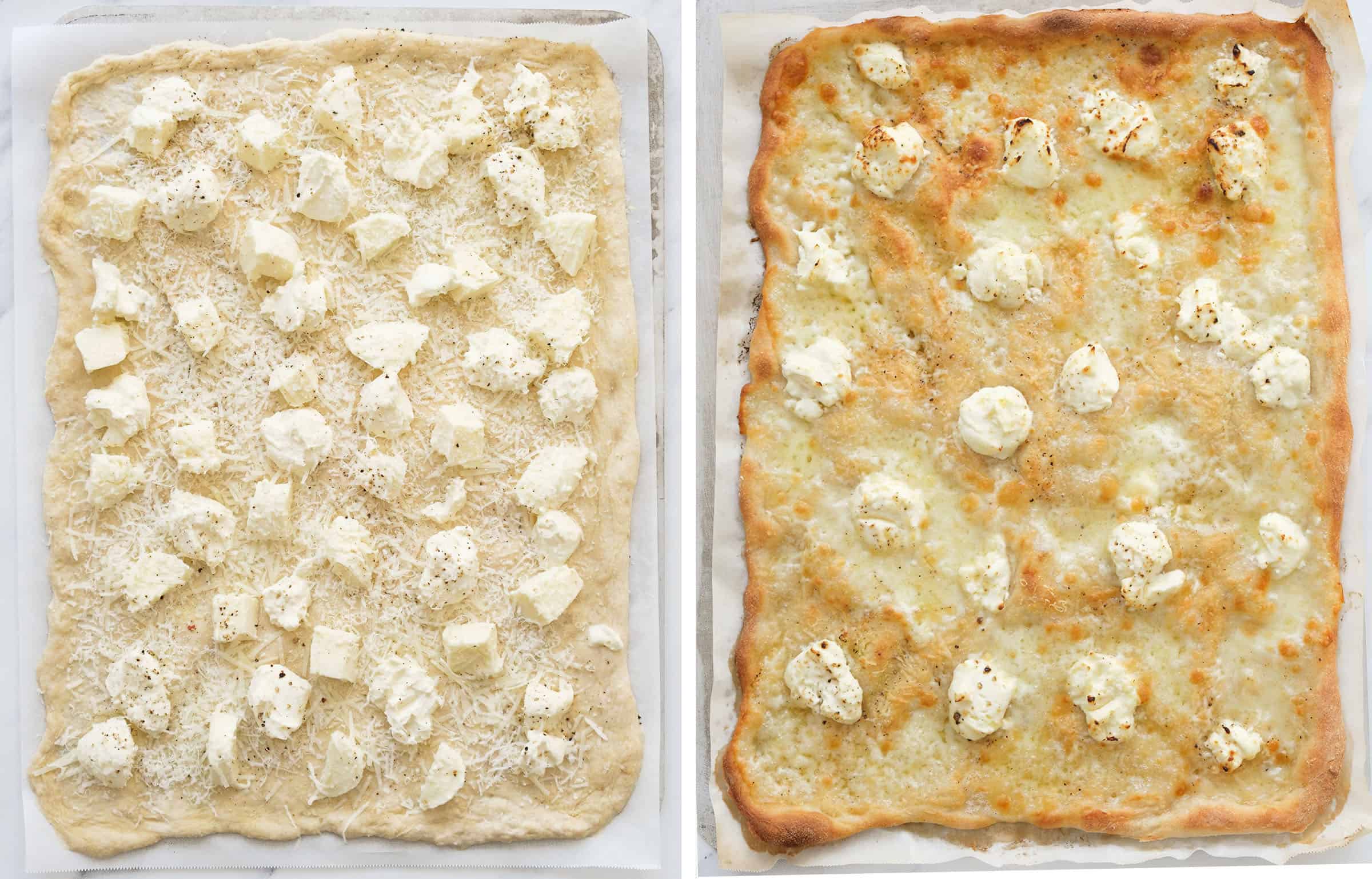 굽기 전과 후 직사각형 크림 치즈 피자의 상위 뷰.