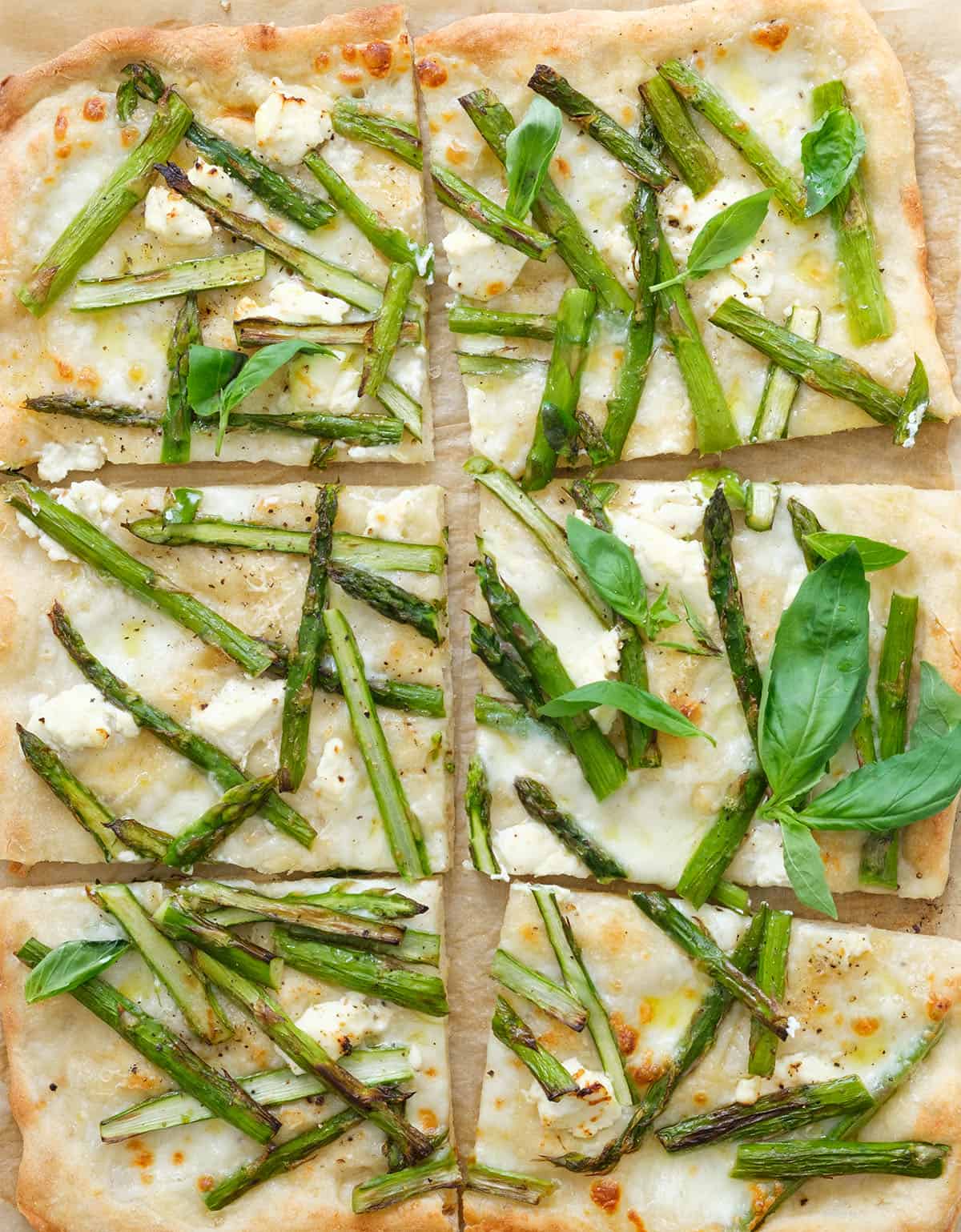 Top view of a large asparagus pizza made with fresh mozzarella, cream cheese, fresh basil leaves and cut into slices.