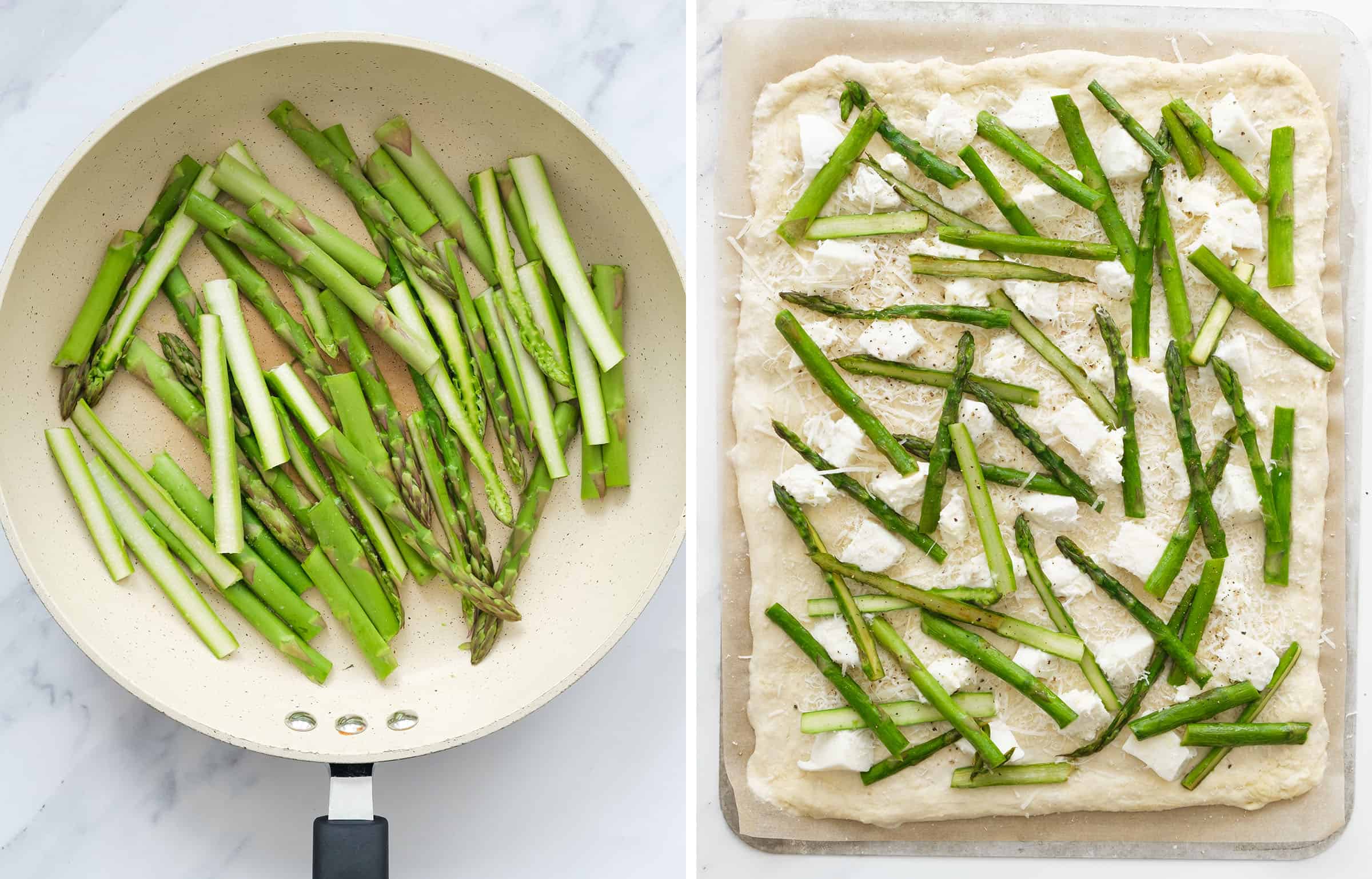 Top view of a large pan with asparagus and top view of a large pizza with cheese and asparagus before baking.