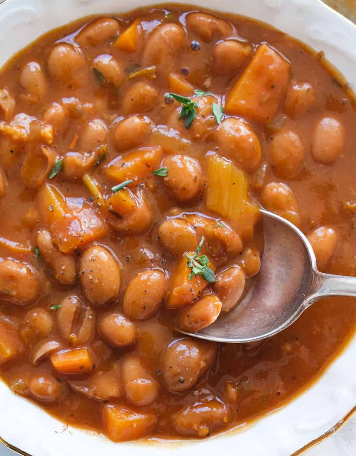 Close-up of a white bowl full of bean stew, a bean recipe cooked in a red wine and tomato broth.