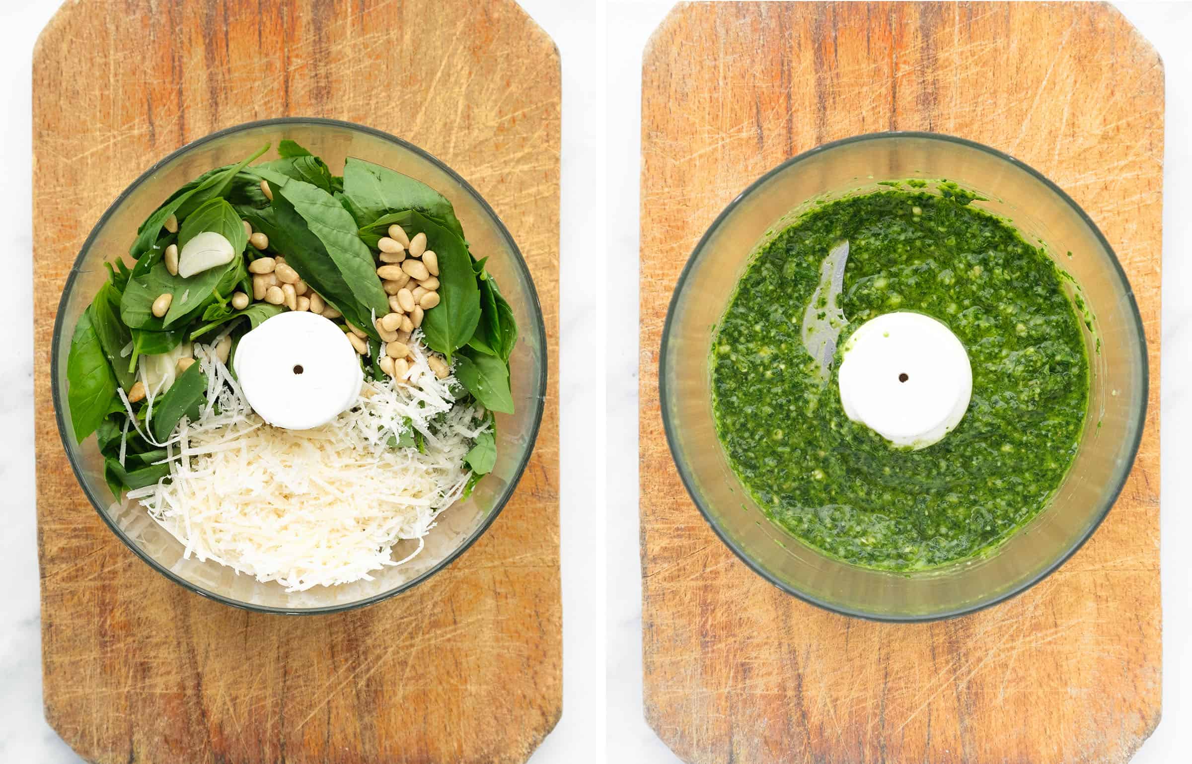 Top view of a food processor full of basil pesto ingredients before and after blending.