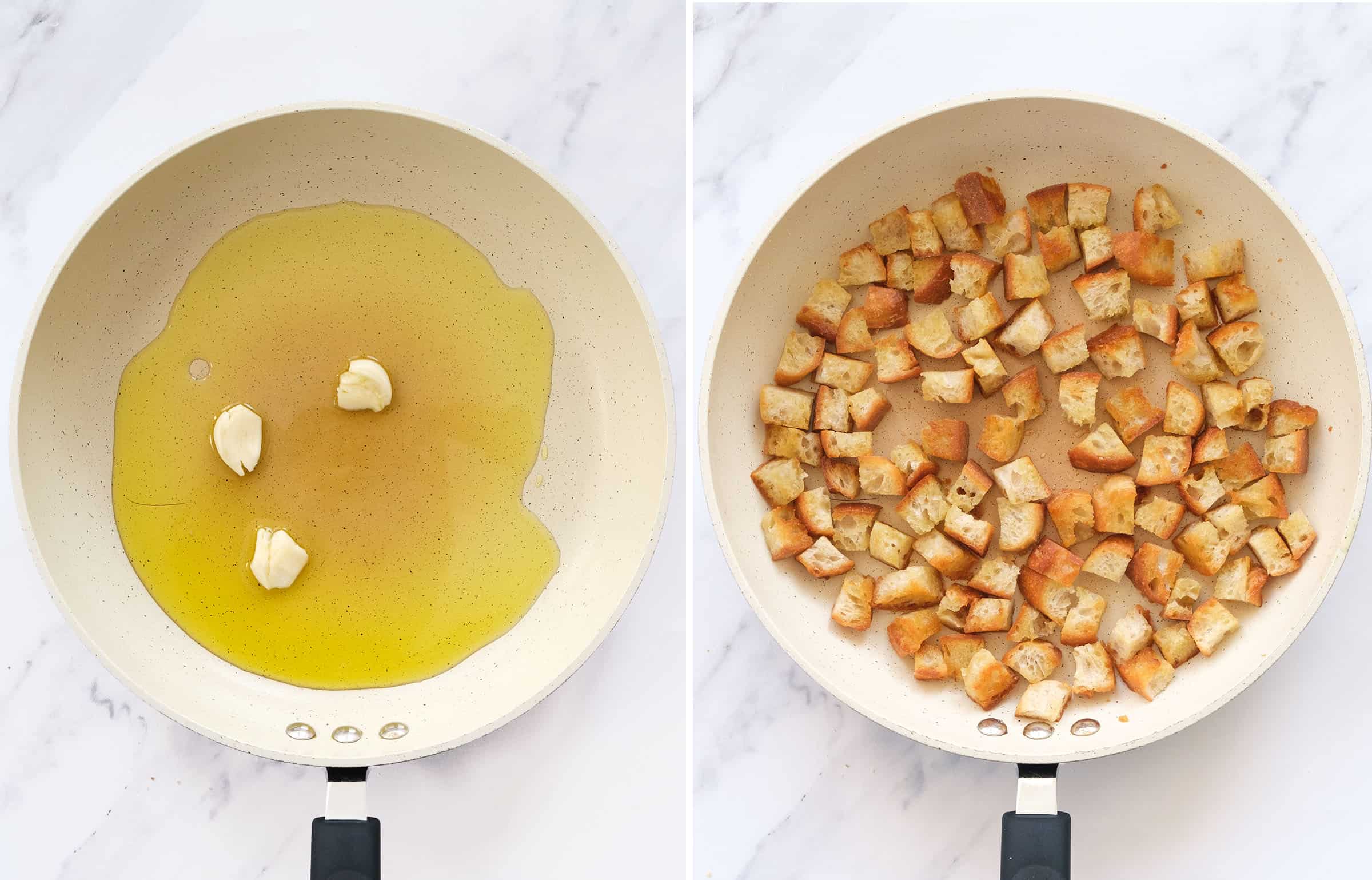 Top view of a white pan with olive oil and croutons over a white background.