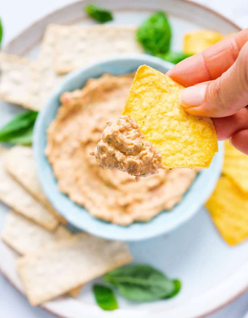 Close-up of a tortilla chip with sun dried tomato cream cheese. 