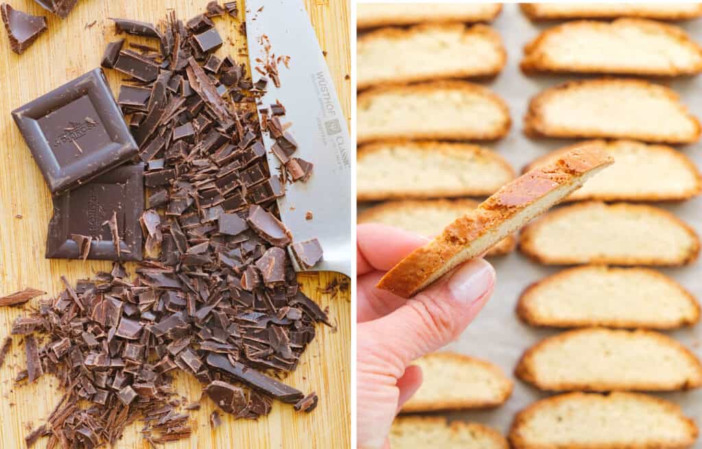 Two images showing chopped dark chocolate and a tray full of biscotti.