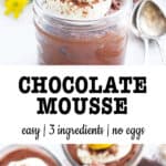 Chocolate mousse in glass jar decorated with mini easter eggs.