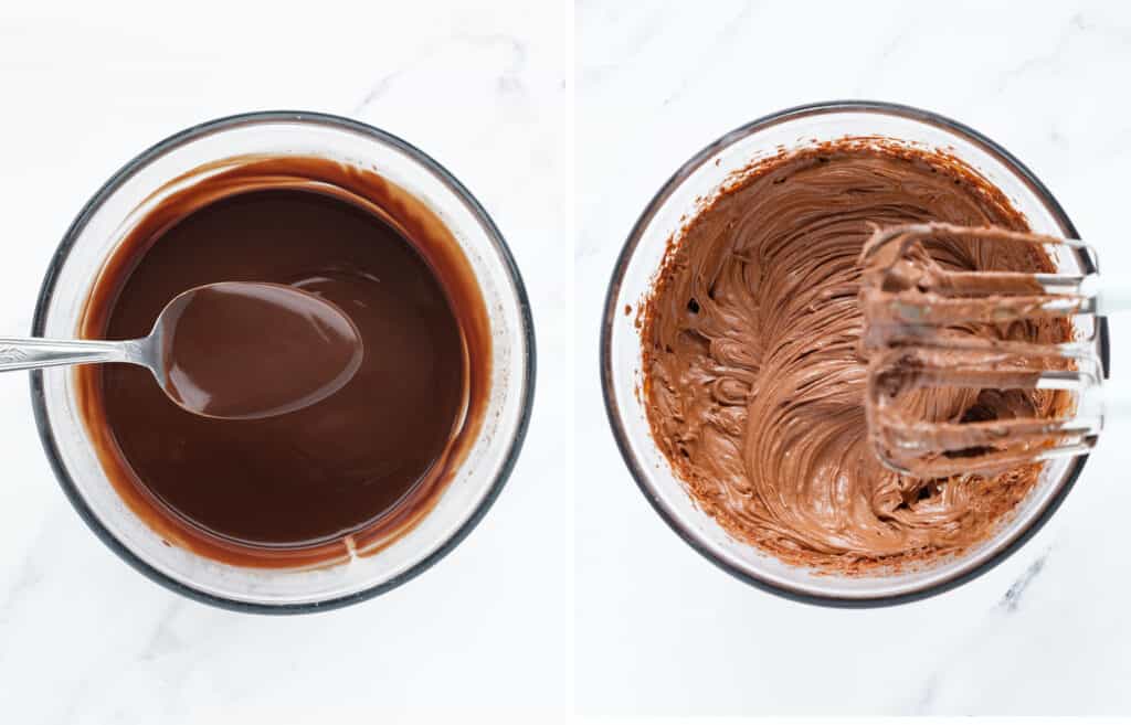 Top view of a glass bowl full of melted dark chocolate before and after whipping. 