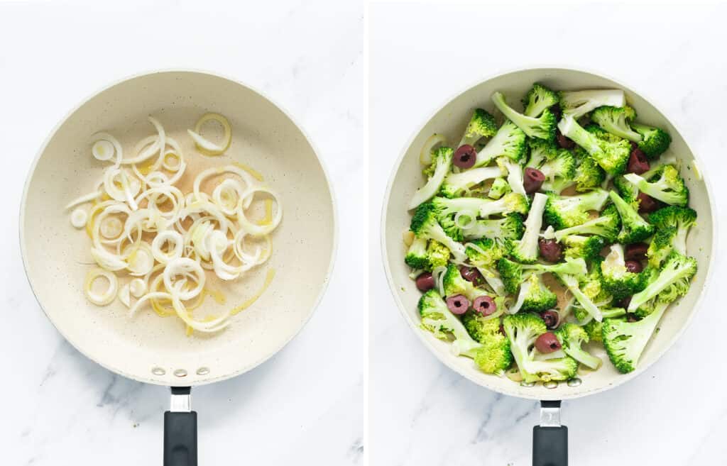 two images showing a top view of a white skillet with sautéed onion and then broccoli and olives are added to the skillet.