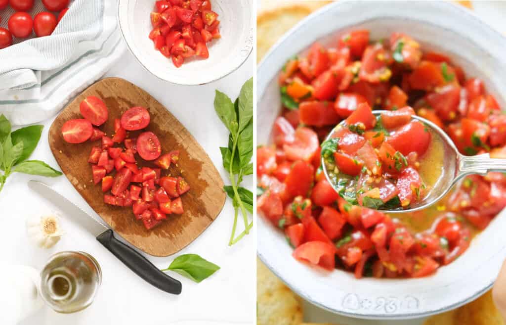 Two images showing a wooden board with chopped tomatoes and a white bowl full of bruschetta dip.