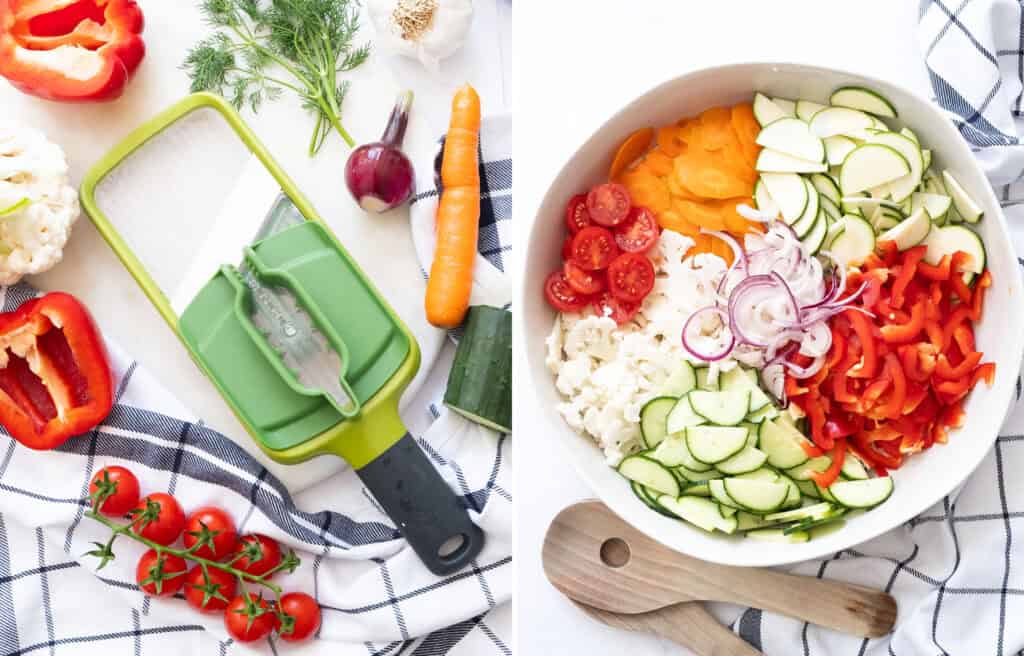 Top view of a mandoline and salad bowl full of sliced vegetables.