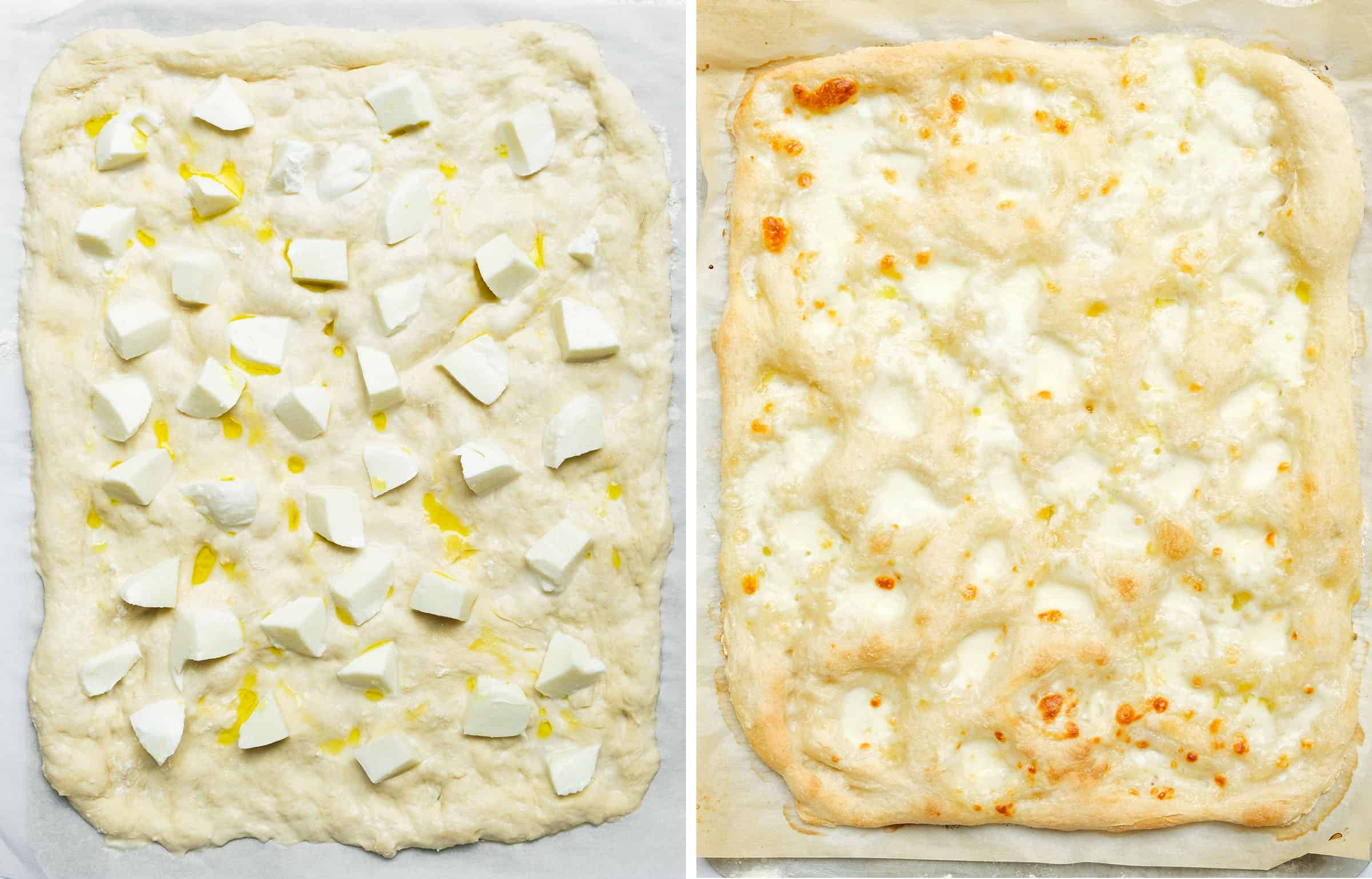 Top view of a white pizza with mozzarella before and after baking.