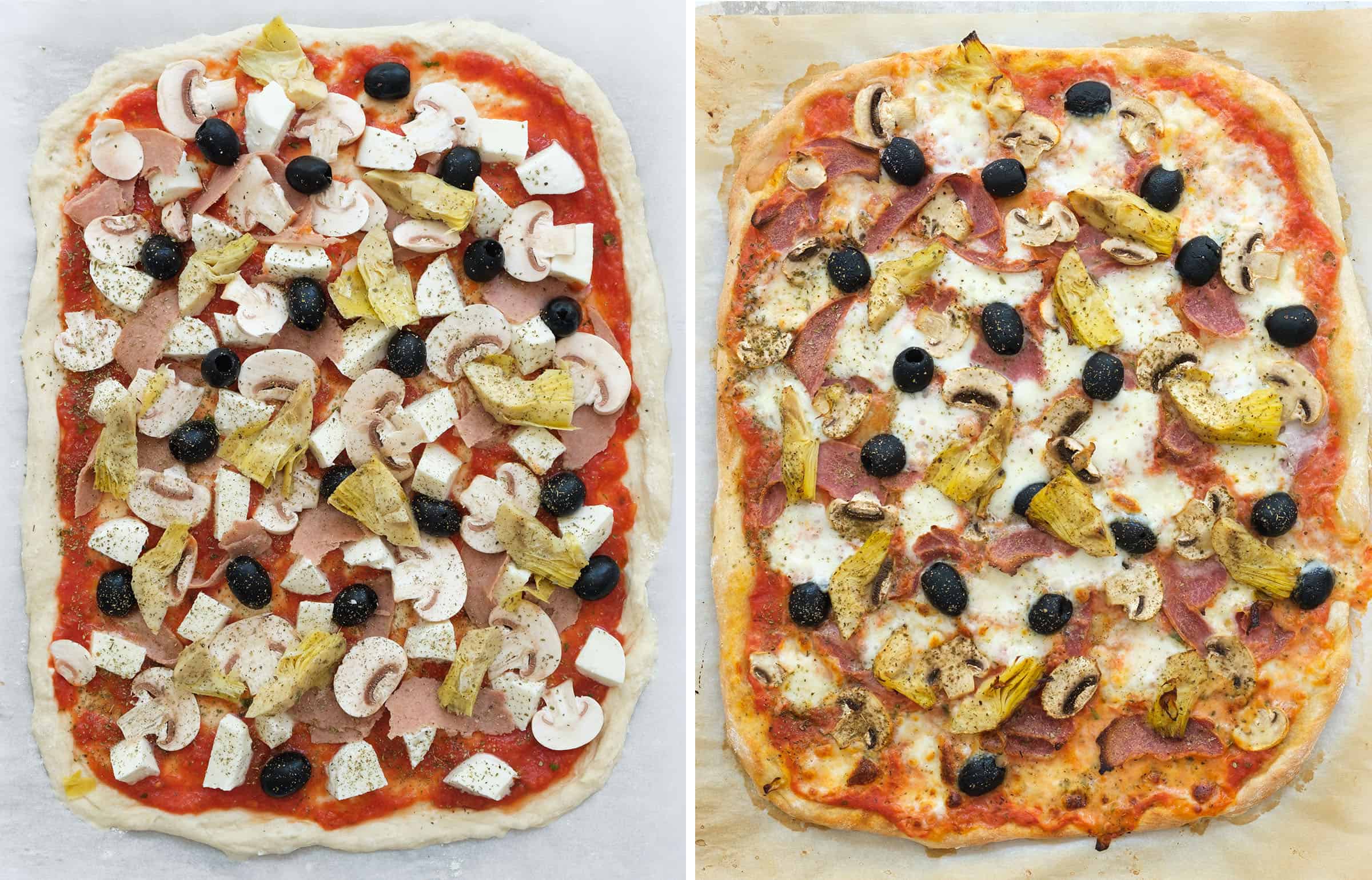 Top view of a large capricciosa pizza before and after baking.