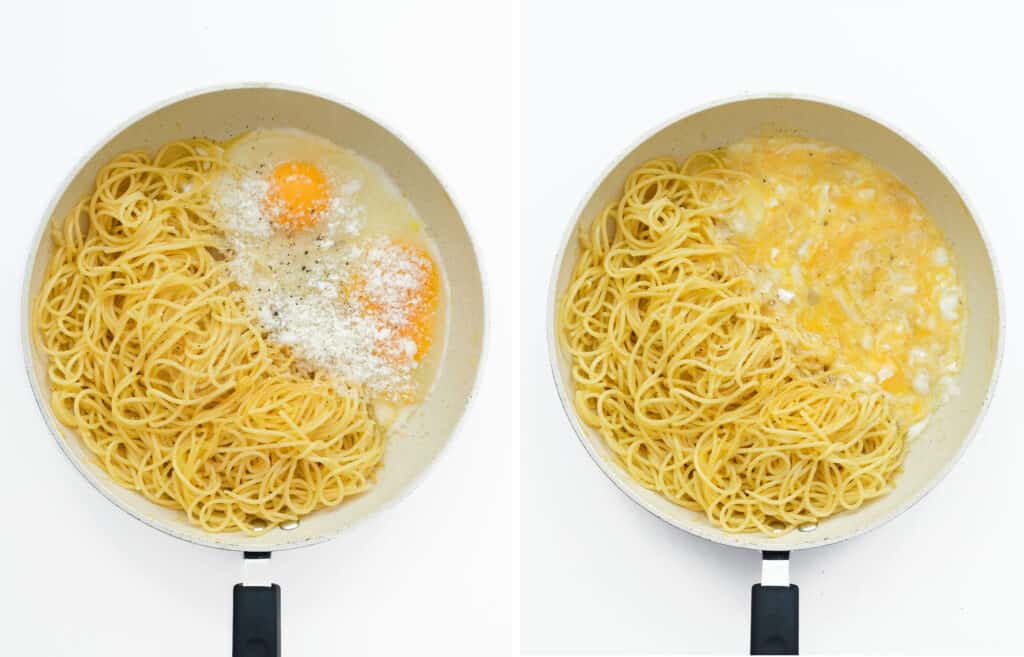 Two images showing a white skillet full of spaghetti with the addition of two scrambled eggs and parmesan.