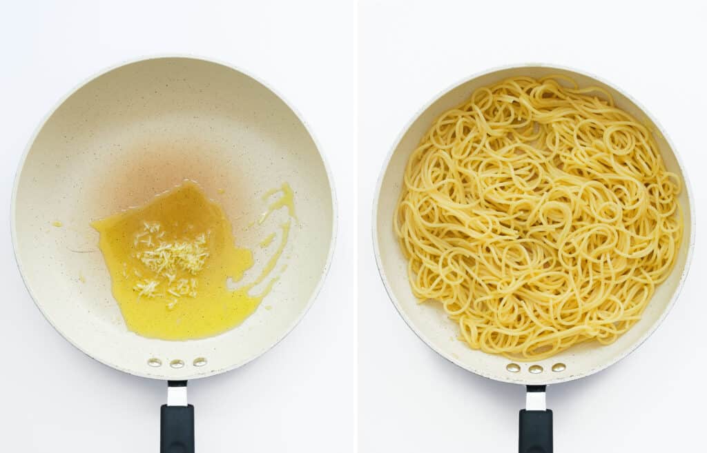 Two images showing a white skillet with garlic and olive oil and the same skillet full of spaghetti.