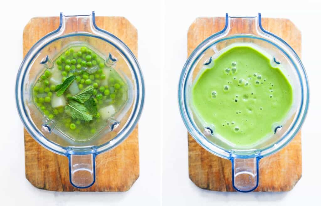 Two images showing a two view of a blender full of green pea soup before and after blending.