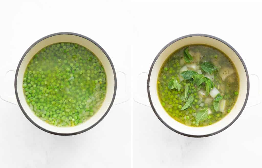 Two images showing a white pot full of pea and broth before and after cooking.