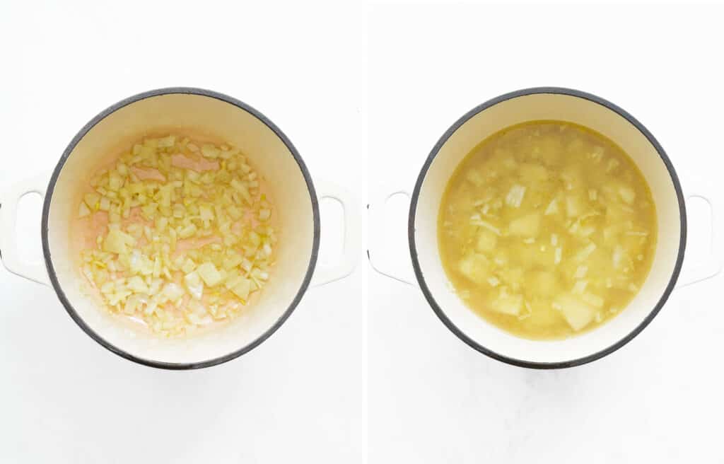 Two images showing a white pot with onion and then full of cubed potatoes and broth.