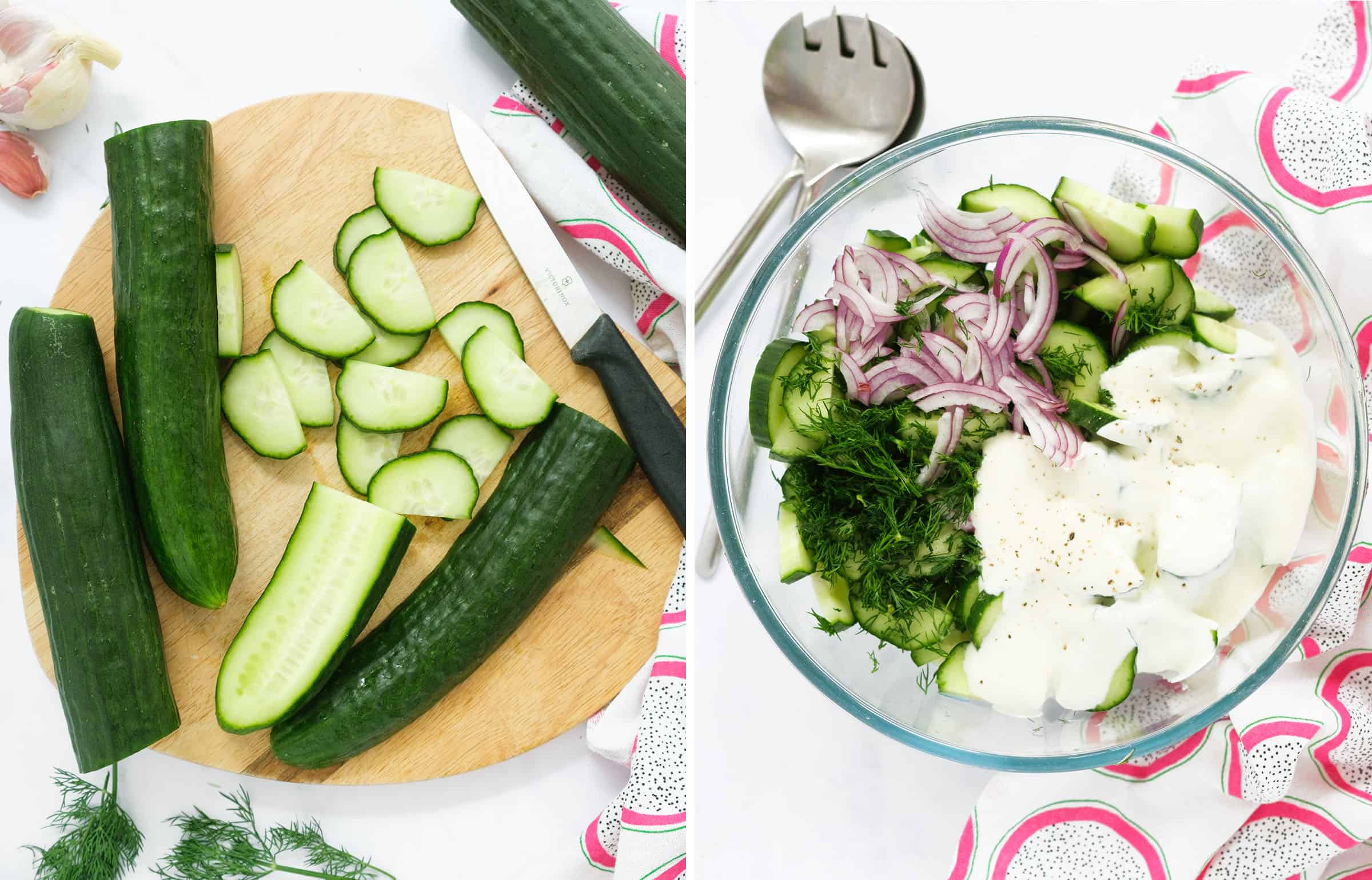 Two images showing a wooden board with sliced cucumbers and a glass bowl full of the cucumber dill salad ingredients.