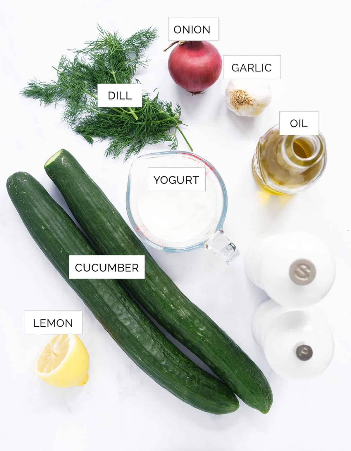 The ingredients to make this cucumber dill salad are arranged over a white background.
