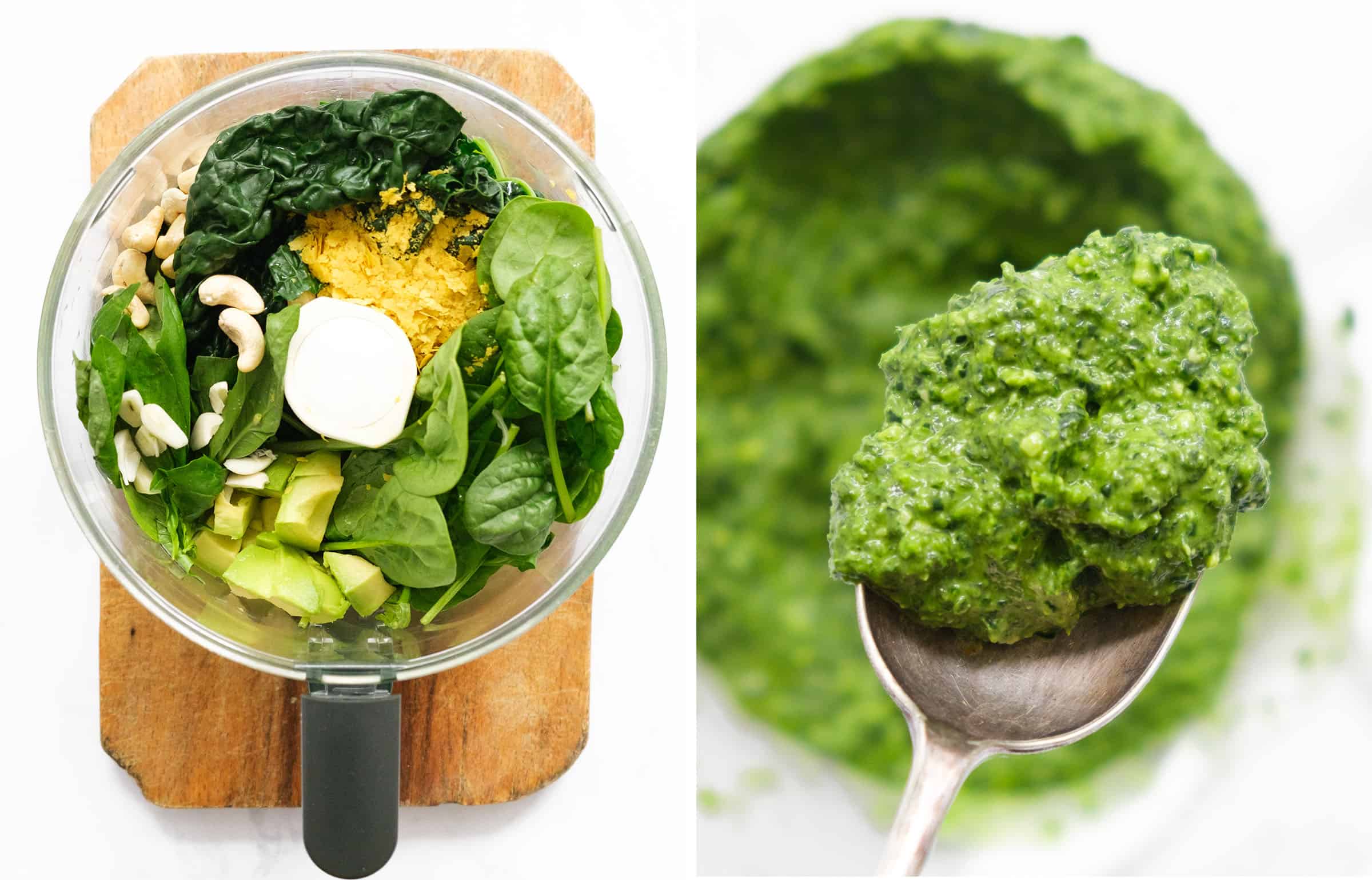 Two images showing a food processor full of the ingredients to make green pesto and a close-up of a spoon full of pesto.