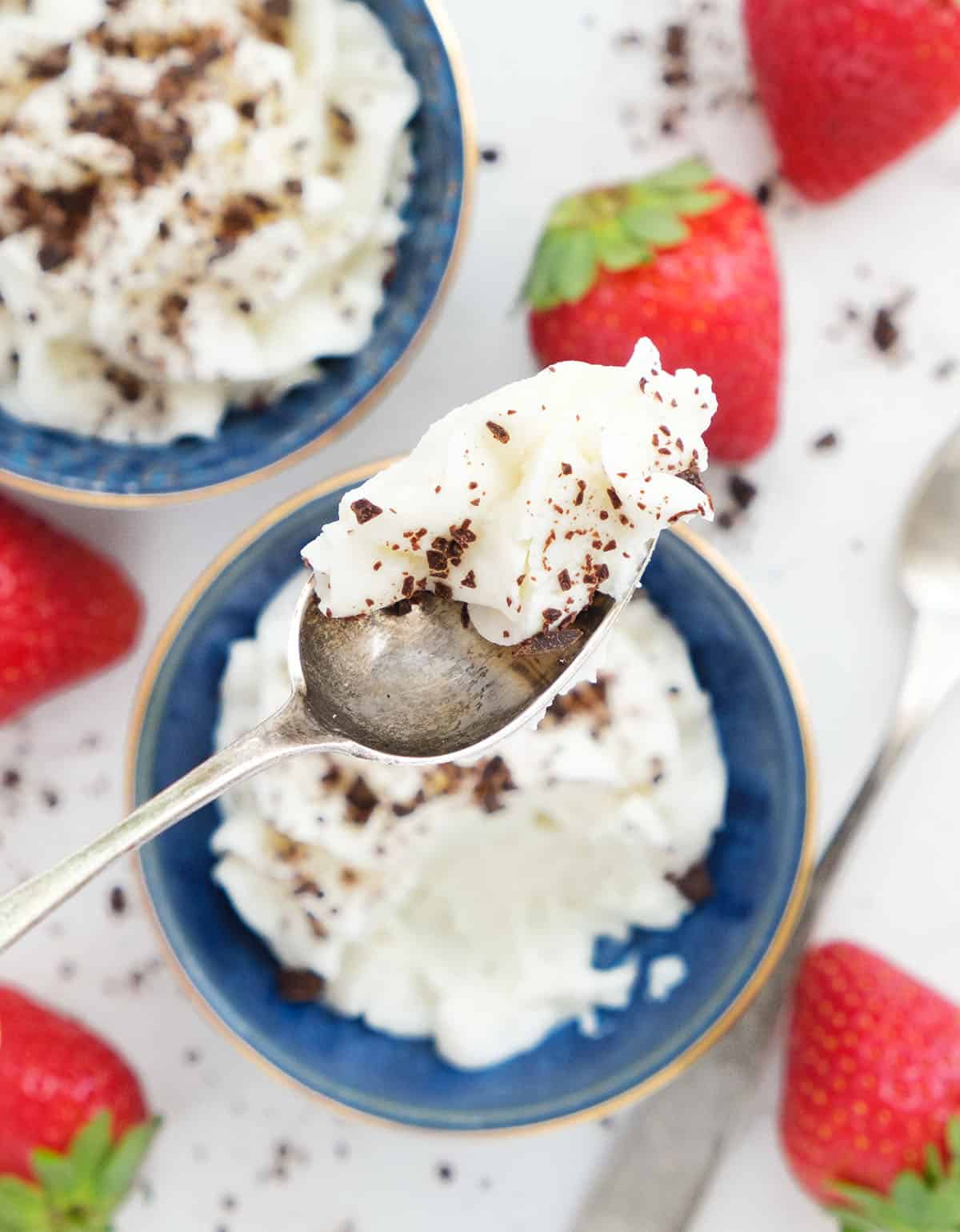 Close-up of a spoon full of ricotta cream with shredded chocolate.