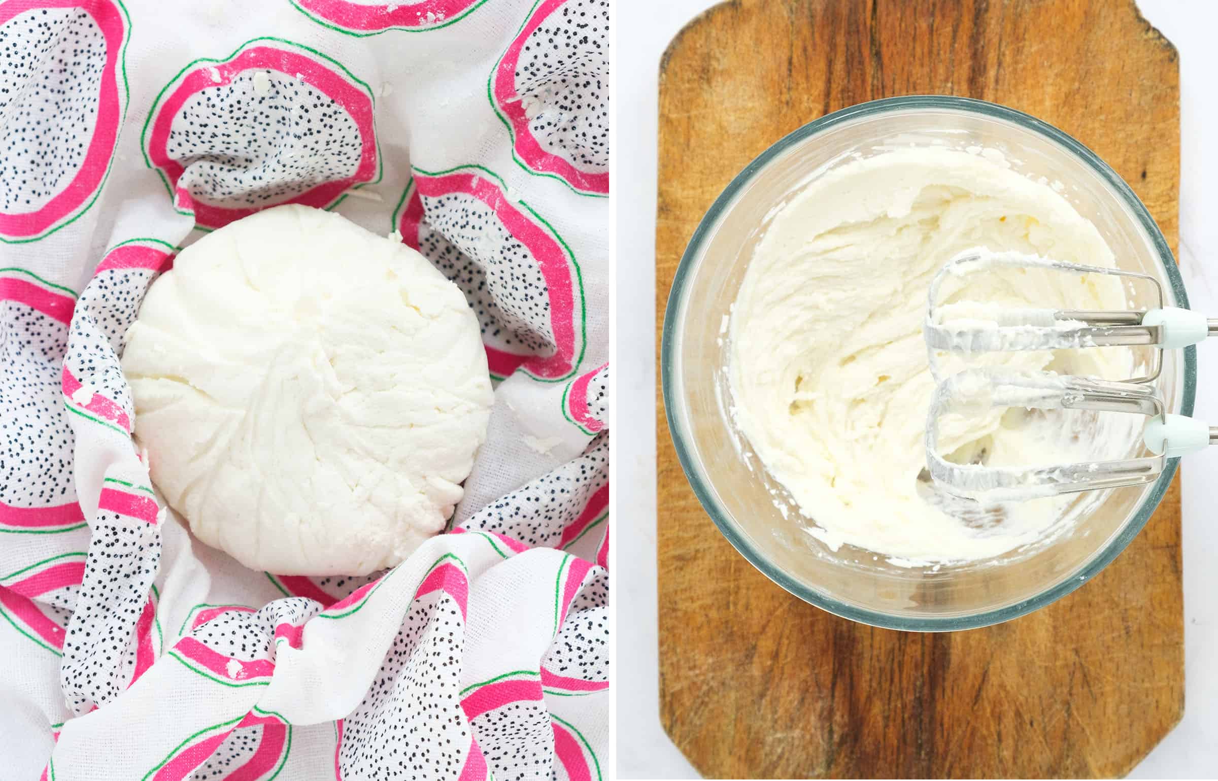 Two images showing some ricotta on a tea towel and a glass bowl with whipped ricotta.