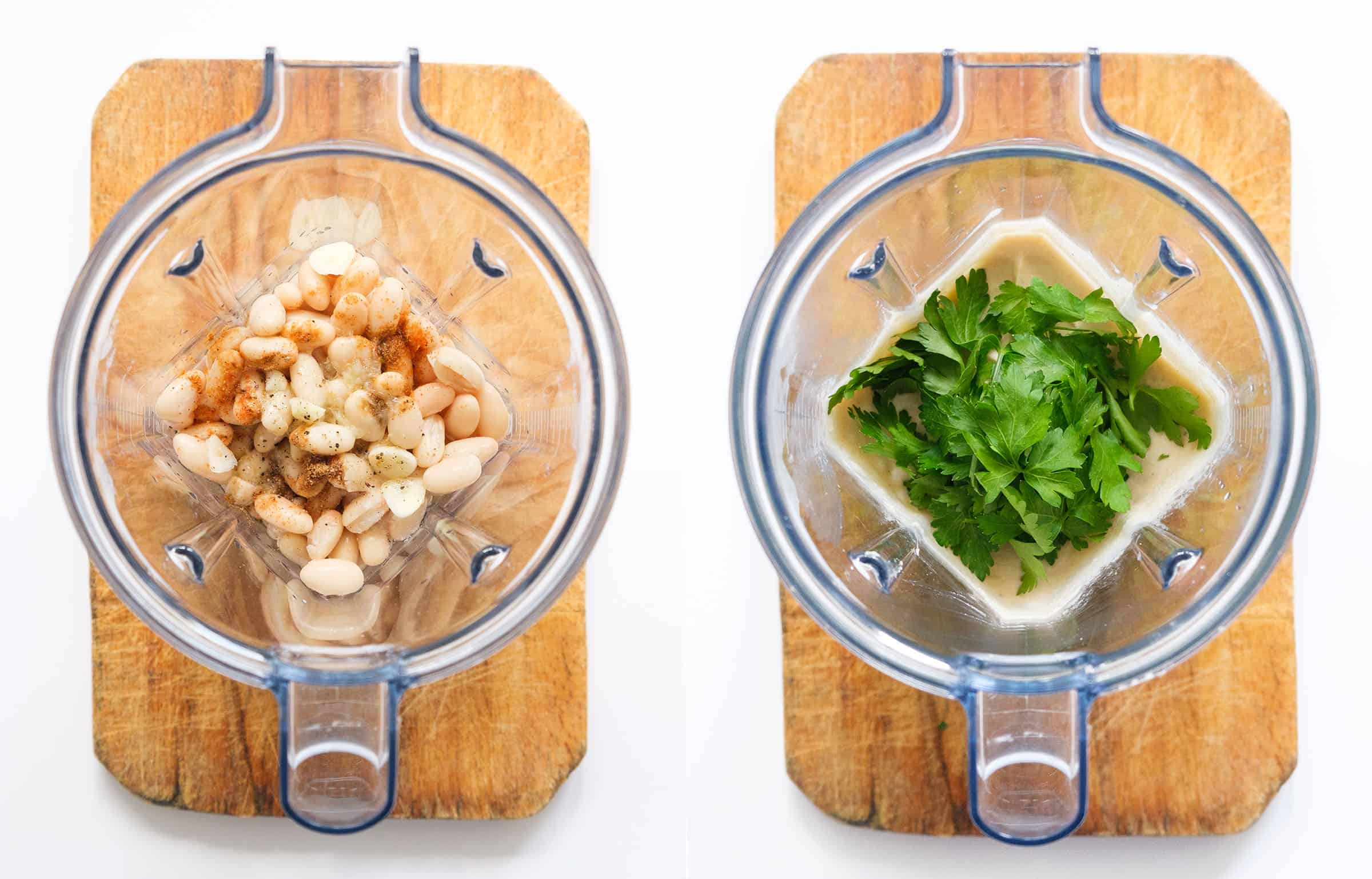 Top view of a high-speed blender full of white dip ingredients before and after blending.