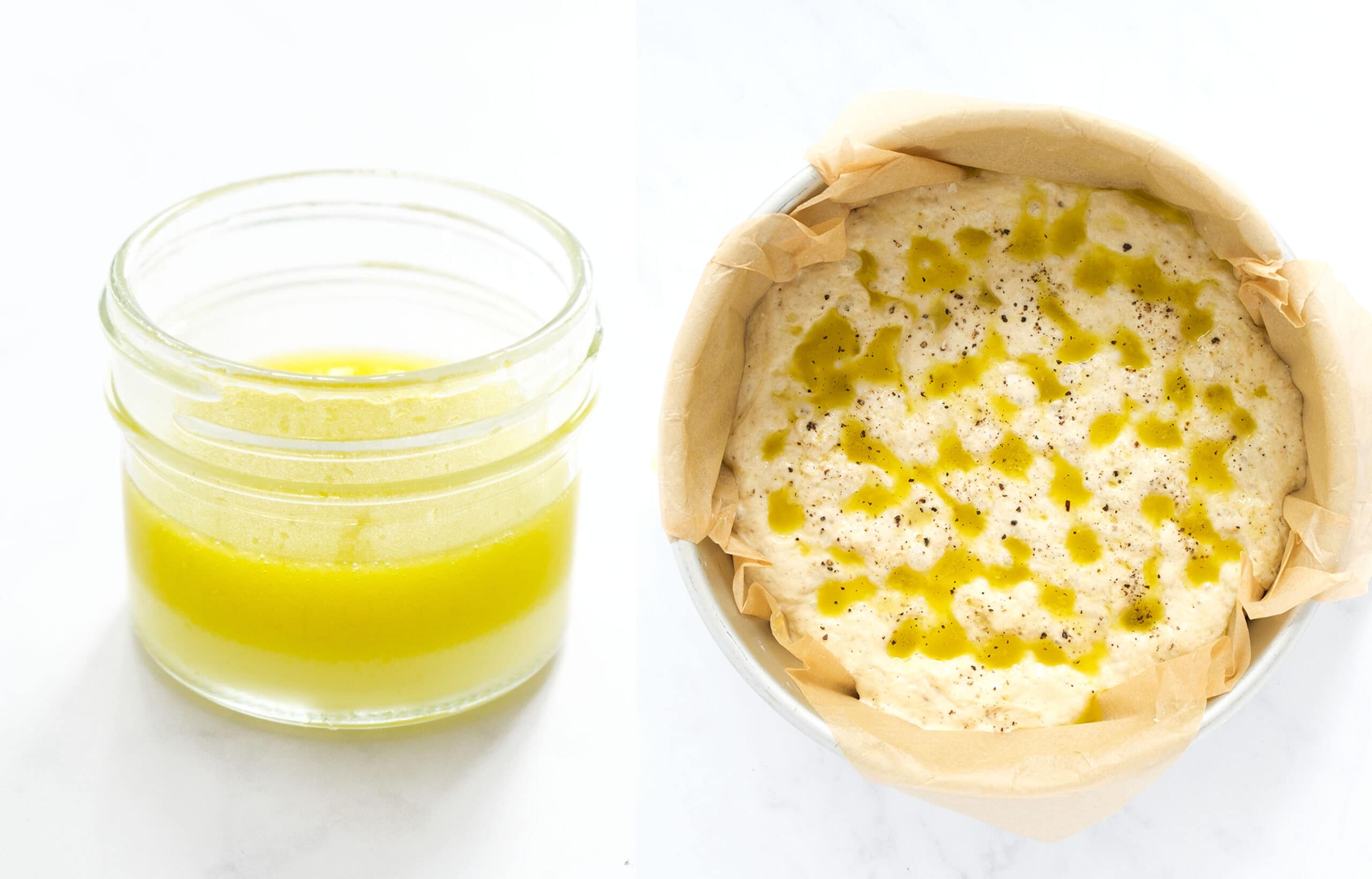 Two images showing a glass jar full of brine and a round metal tin full of focaccia with dough with brine before baking.