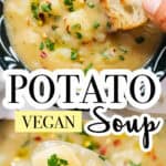 Potato soup in a black bowl.