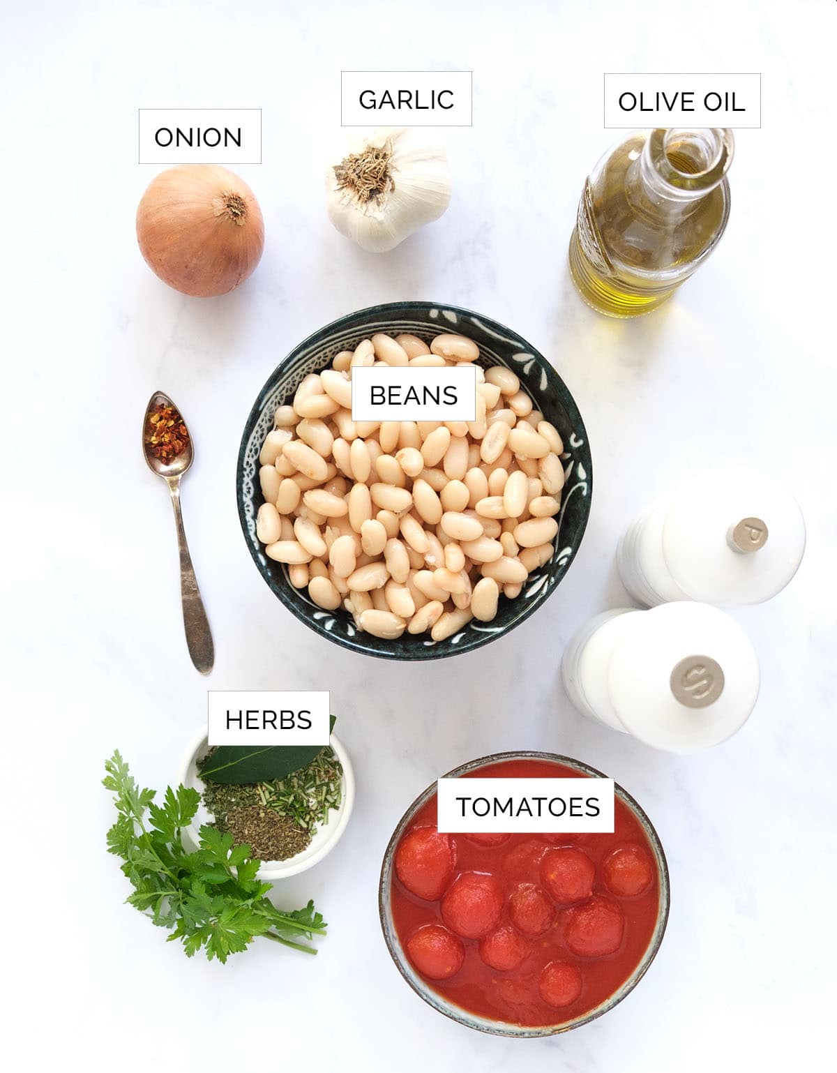 Top view of the ingredients to make this cannellini bean soup arranged over a white background.