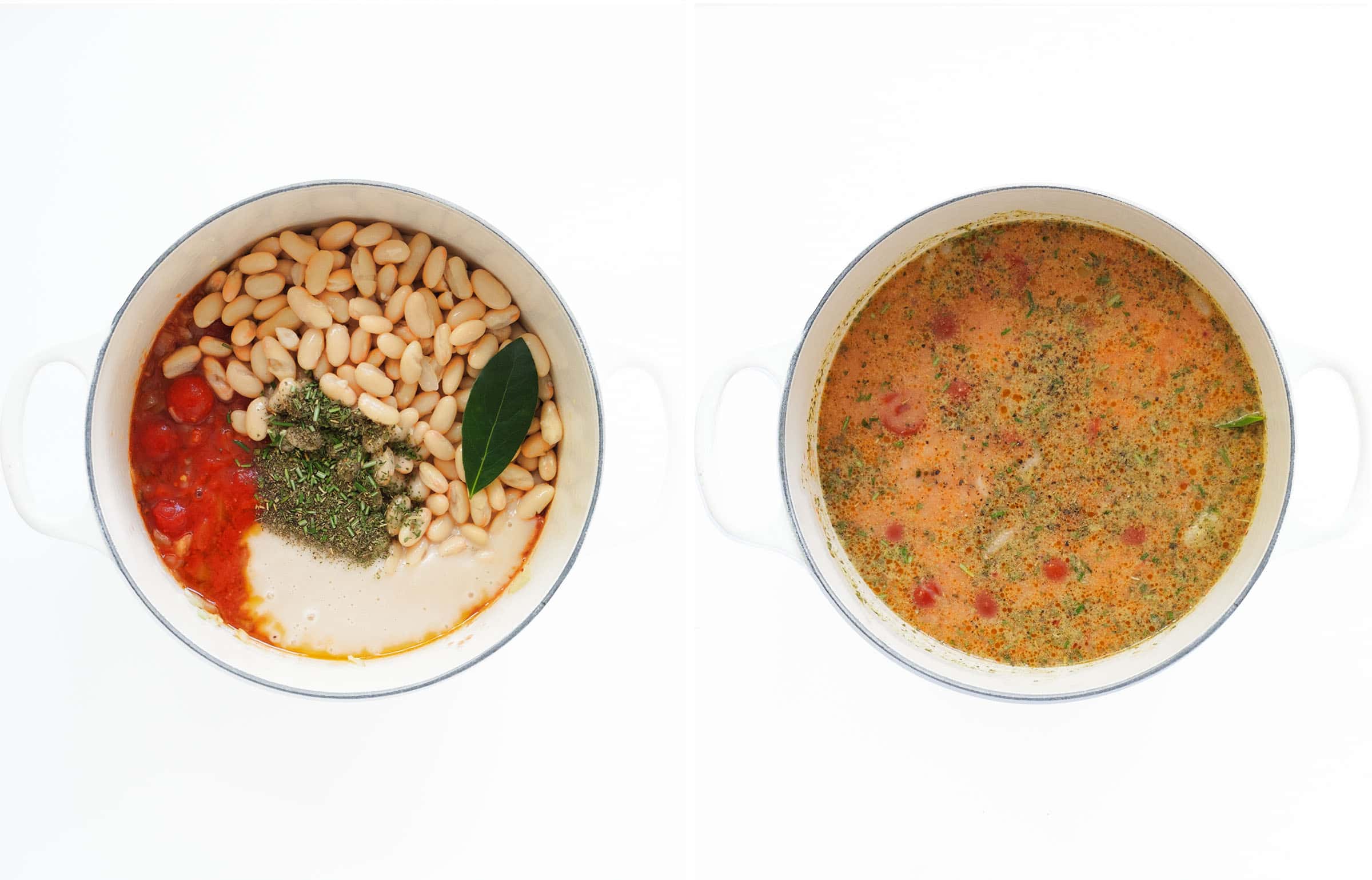 Two images showing a dutch oven full of the ingredients to make white bean soup.