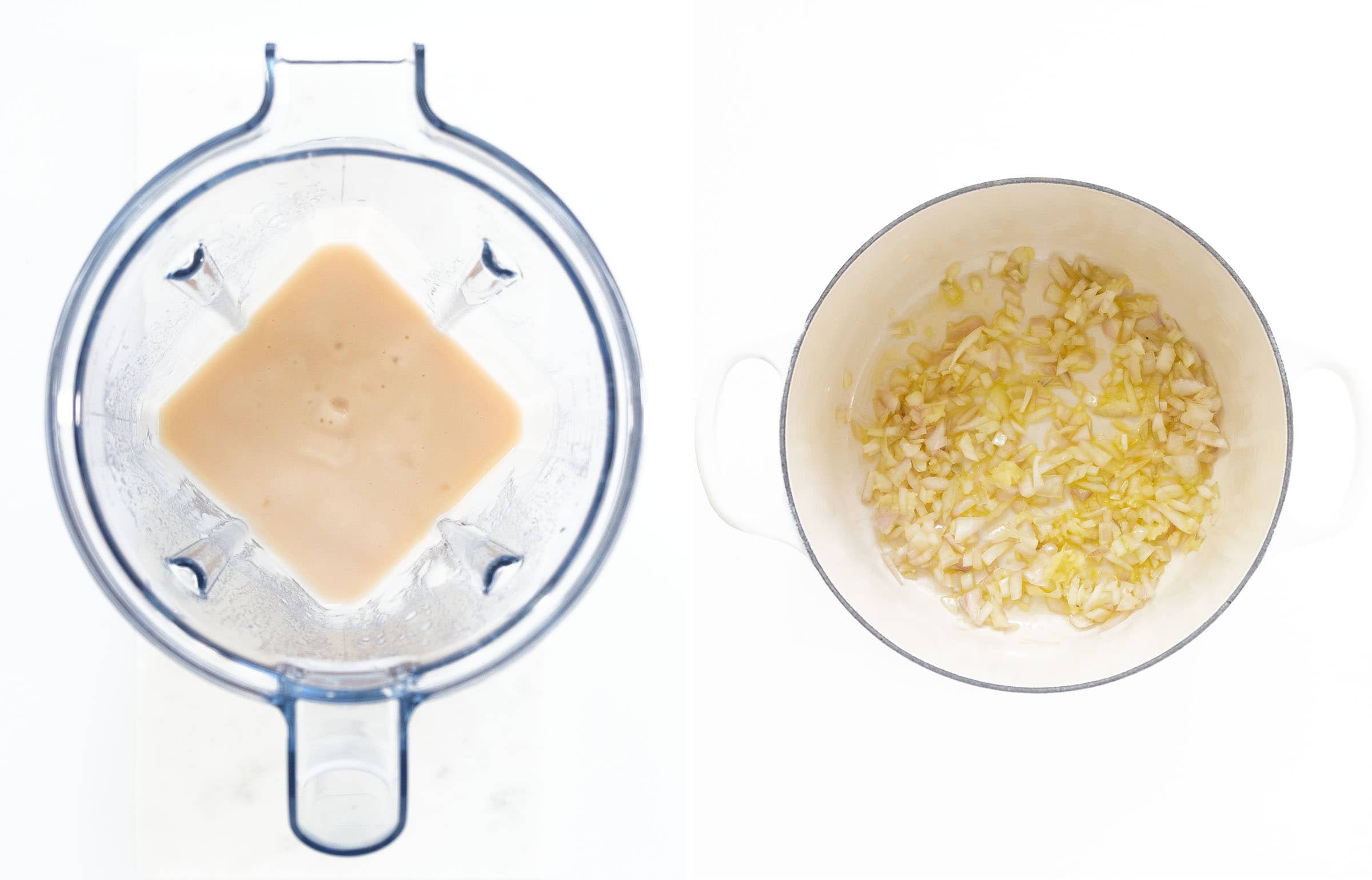 Two images showing a blender full of pureed beans and a dutch oven with diced onion and olive oil. 