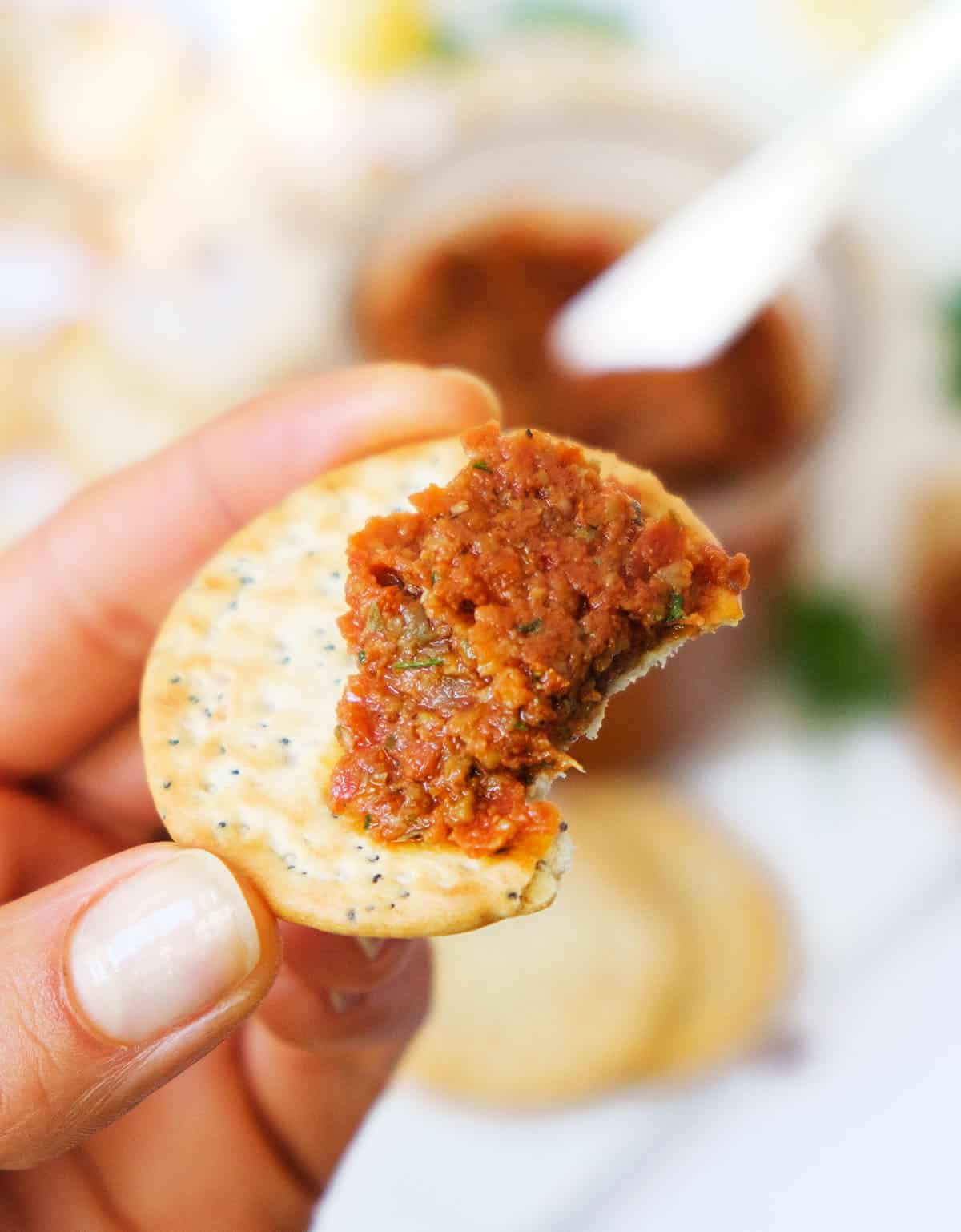 Close-up of a cracker topped with scrumptious sun dried tomato spread.