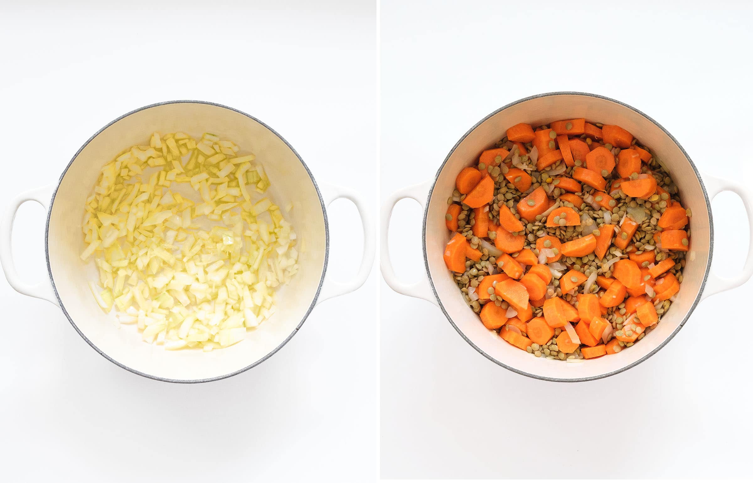 Top view of a Duch oven full of the ingredients to make the carrot and lentil soup.